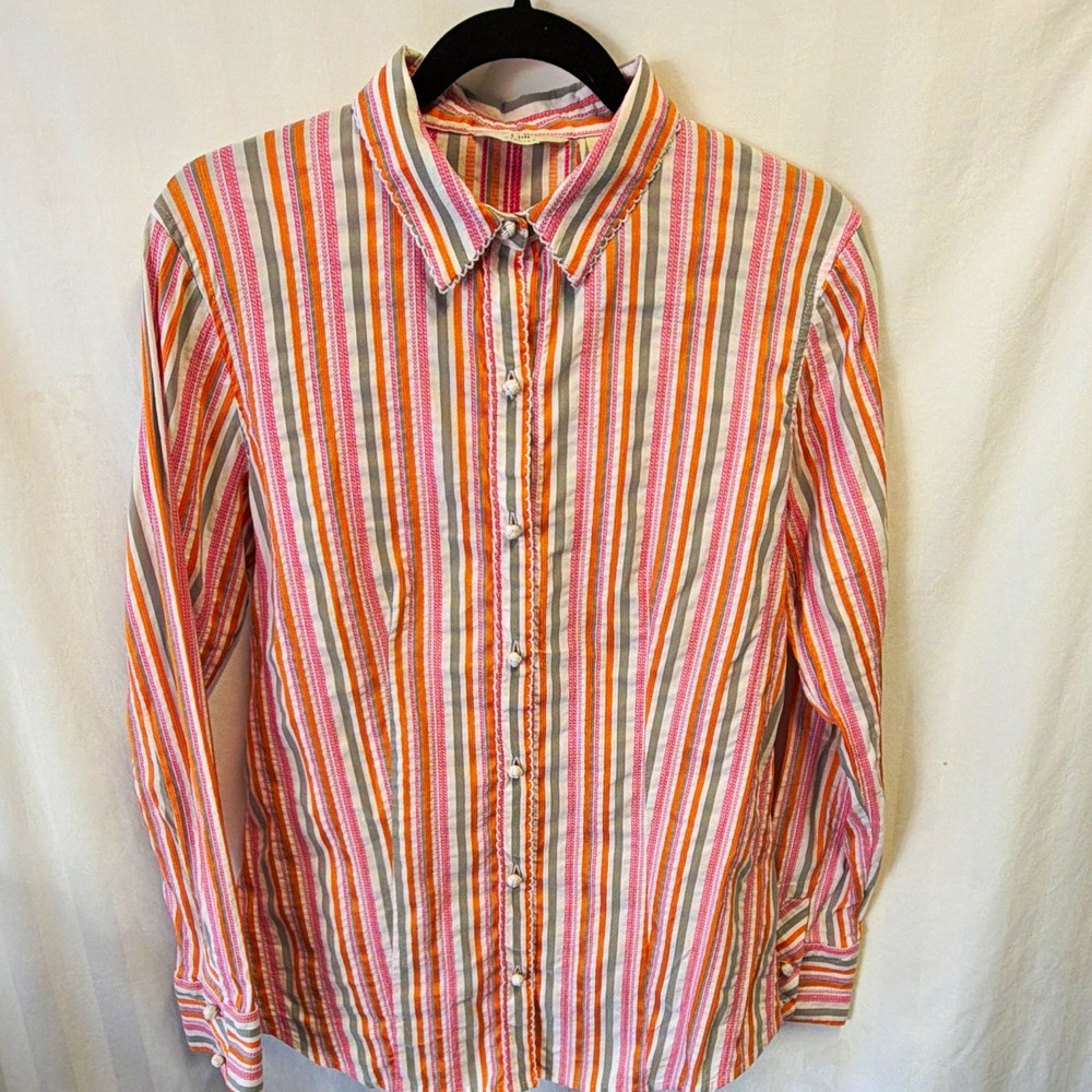 J. Jill Striped Button Up Blouse Womens M Multicolor Picot Lace Pearl Button Y2K